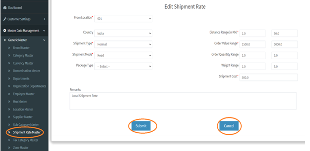 Edit Shipment Rate