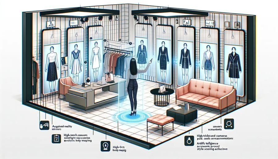 Row of AR fitting mirrors in a boutique, each rendering a different outfit on the shopper's body scan