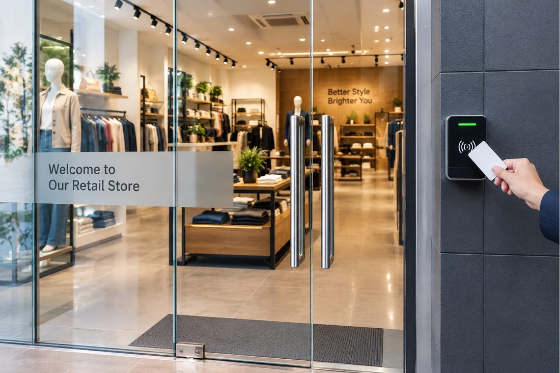 Customer tapping a card on the door reader at a retail store entrance