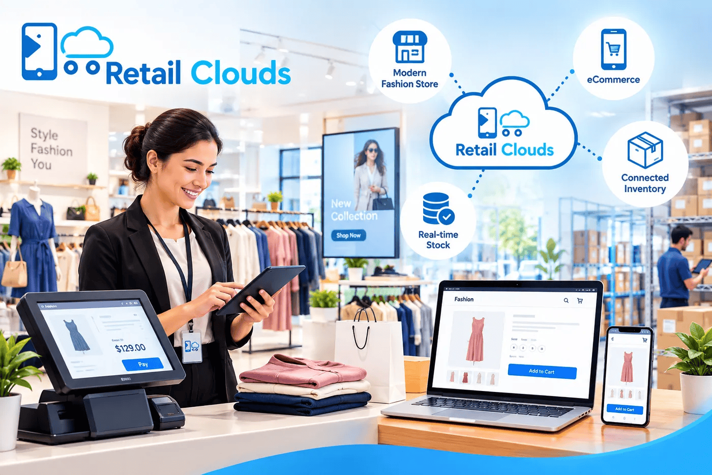 Fashion store associate using a tablet and POS, connected to eCommerce, mobile and real-time inventory through Retail Clouds