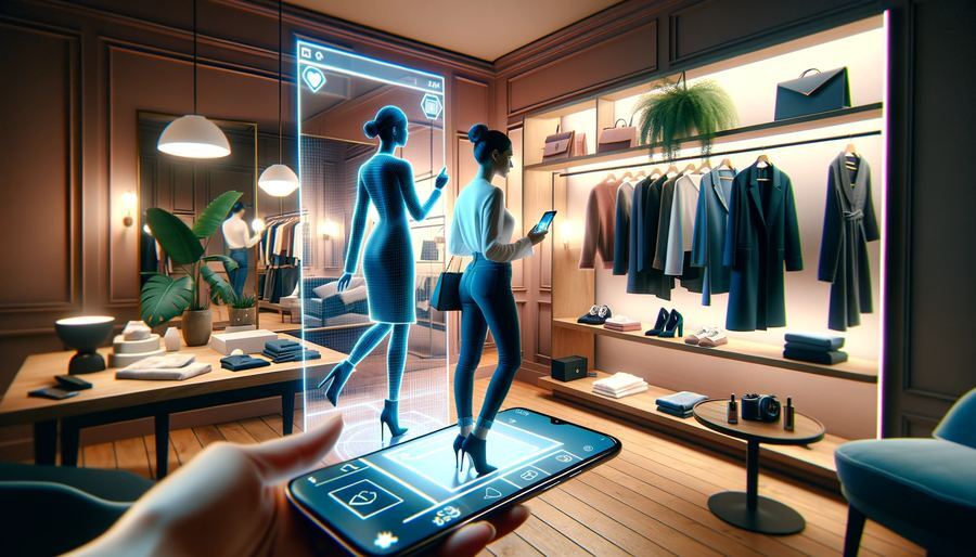 AR phone app showing a wireframe avatar trying on an outfit in a fitting room