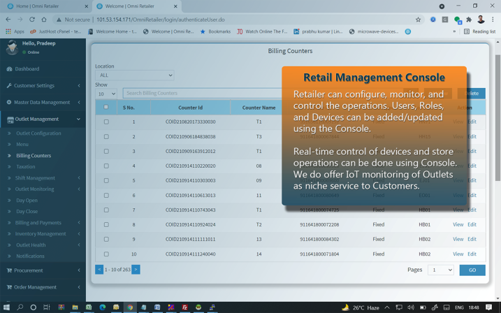 Retail Management Console showing billing counters