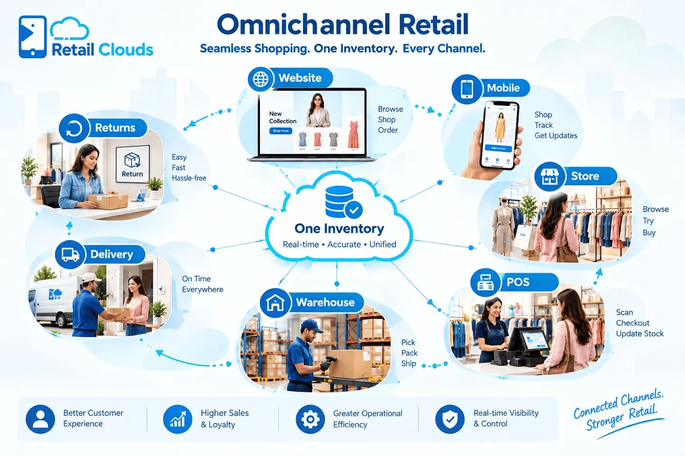 Omnichannel retail diagram: website, mobile, store, POS, warehouse, delivery and returns connected by one shared inventory
