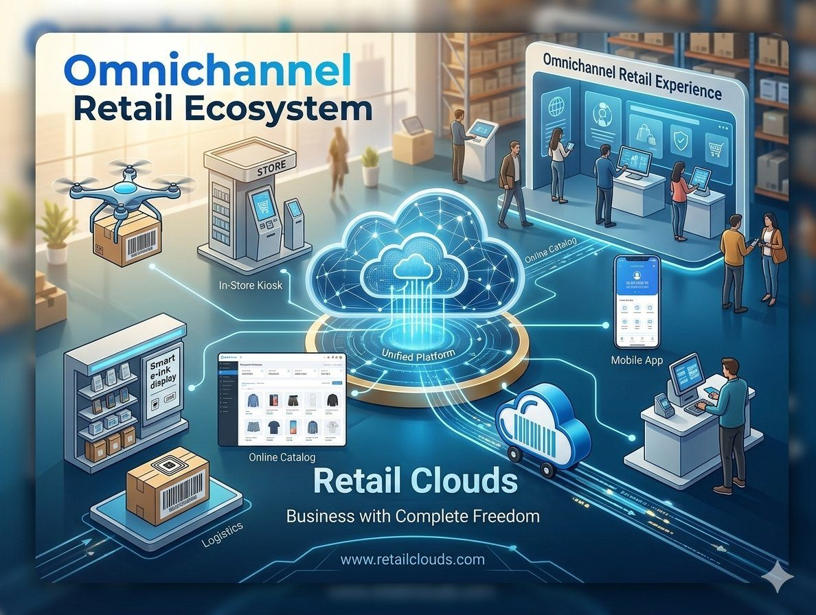 Omnichannel retail ecosystem connecting warehouse, store, online catalogue and mobile app on a single Retail Clouds platform