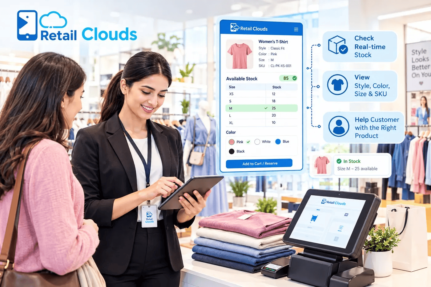Salesperson showing a customer real-time stock by size and color for a women's T-shirt on a tablet