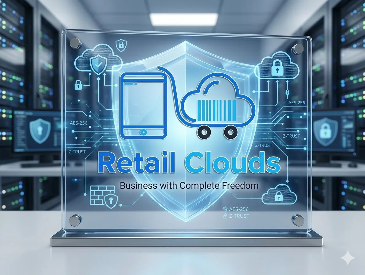 Retail Clouds logo on a glass panel with a security shield, cloud and padlock icons in front of a server room