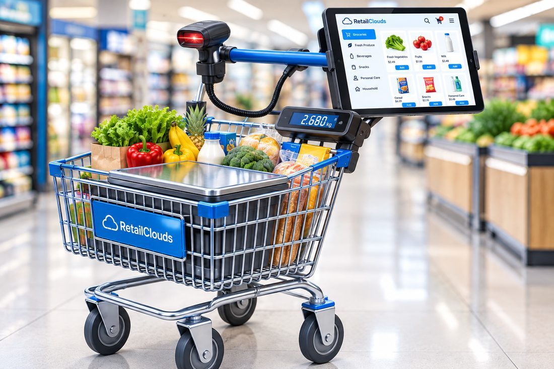 Wifi Cart: a shopping cart fitted with a barcode scanner, a built-in weighing scale, and a tablet running the Retail Clouds app showing groceries a shopper can add to their cart